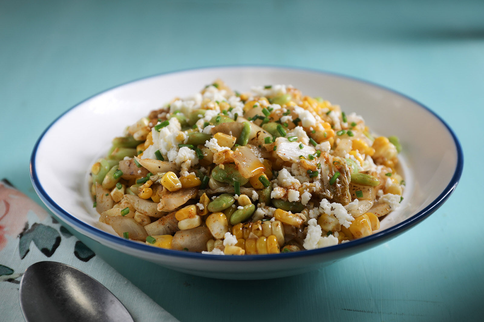 <p>Corn and edamame succotash salad, top with quest fresco, prepared and style by Shannon Kinsella, in the Tribune’s test kitchen, July 22, 2021. (Abel Uribe/Shannon Kinsella/The Daily Meal/TNS)</p>